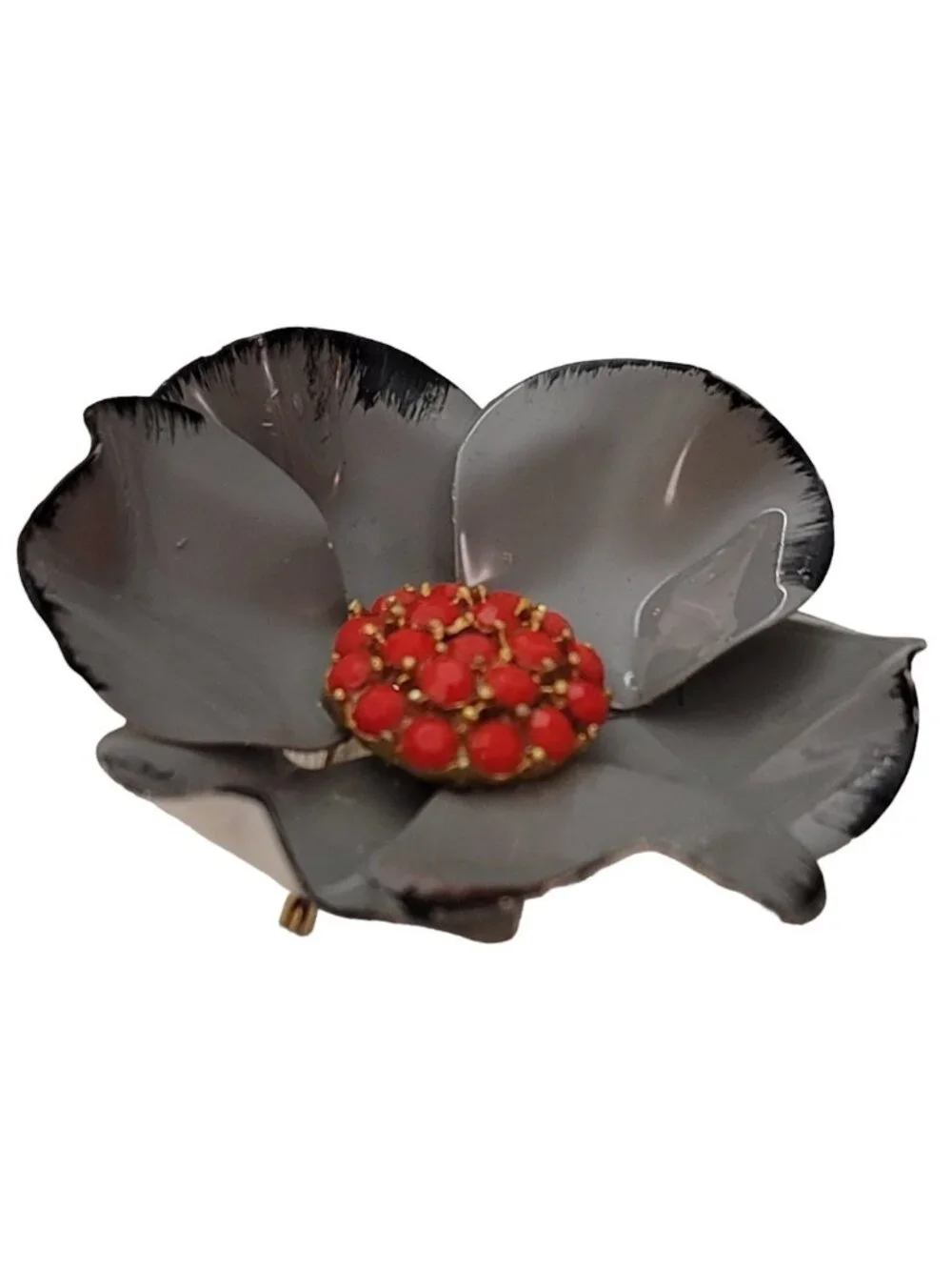 Vintage Scarlet Red Rhinestone And Gray Metal Flower Brooch Pin E650
